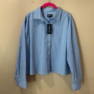 NWT Kenneth Cole Blue White Striped Cropped Shirt Poplin Boxy Roll Sleeve Large